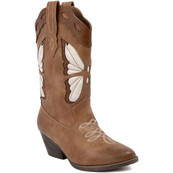 Shoes - Women's Brown Perforated Leather Design Mid Calf Pointed Toe Block Heel Boot